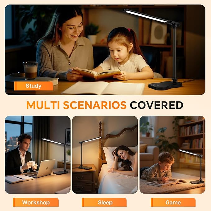 Desk Lamps for Home Office, Dimmable LED Desk Lamp, 5 Color Modes, 10 Brightness, Touch Desk Light with USB Charging Port for Nail Craft Puzzle Sewing Study - White