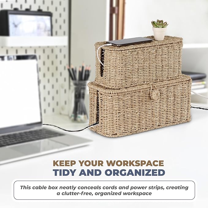 2-Pack Large Cable Management Box, Natural Rattan Cable Cord Organizer Boxes for Power Strip โ 2 Open Slots Cords Hider Box for TV Wires, Computer, Router, USB Hub and Under Desk Power Strip