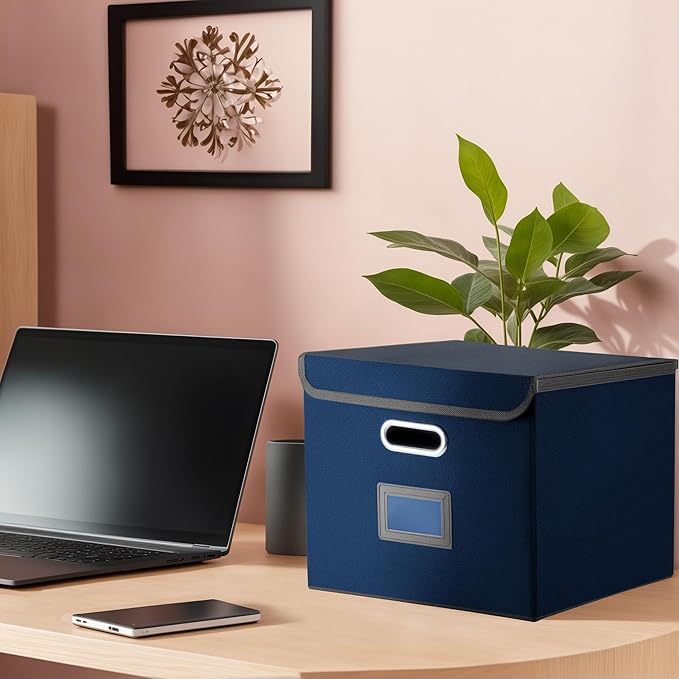 Collapsible File Box with Lid & Plastic Slide - Hanging Document Organizer for Office/Home, 14.96x12.6x10.83 Inch,Decorative Home File Bin,Blue, 1 Pack (No Folders Included)
