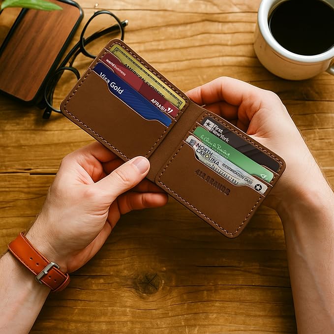 Genuine Leather Wallet for Men – Slim Bifold handmade mens wallet with ID Window & Card Slots Classic Minimalist Leather Wallet Gift (Brown)
