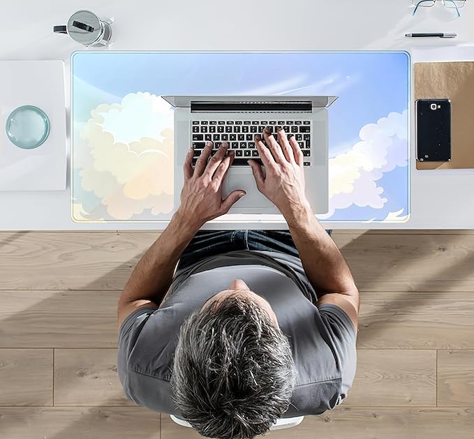 Blue Cloud XXL Large Extended Gaming Mouse Pad Computer Mat Aesthetics Mousepad, Office Decor Desk Pad, Laptop Keyboard and Mouse Mat, Non-Slip Desk Matt with Stitched Edge, 31.5''x15.7''