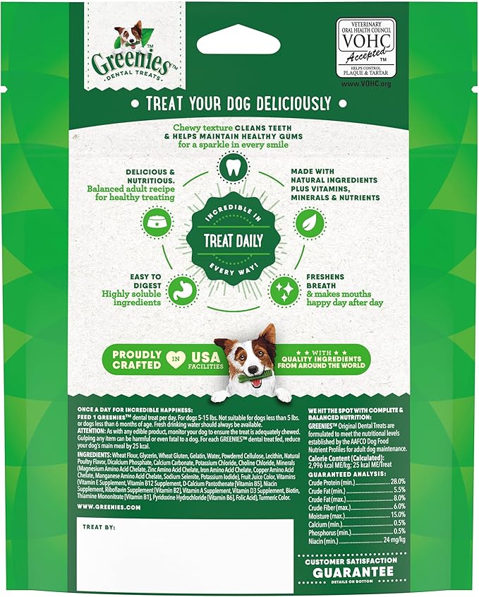 Greenies Veterinarian-Recommended Natural Dental Dog Treats Regular Size, Original Flavor, 6 oz. Pack, 22 Count
