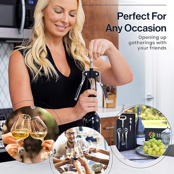 HiCoup Corkscrew Wine Opener - Ergonomic, Double Winged Beer and Wine Bottle Openers - Easy to Use, Stainless-Steel Corkscrews with Stopper & Gift Box - Kitchen Accessories - Matte Black