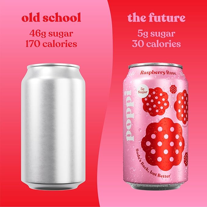 Poppi Sparkling Prebiotic Soda Beverage with Apple Cider Vinegar, Seltzer Water and Fruit Juice, Raspberry Rose Flavor, 12 oz, Pack of 12, Packaging May Vary