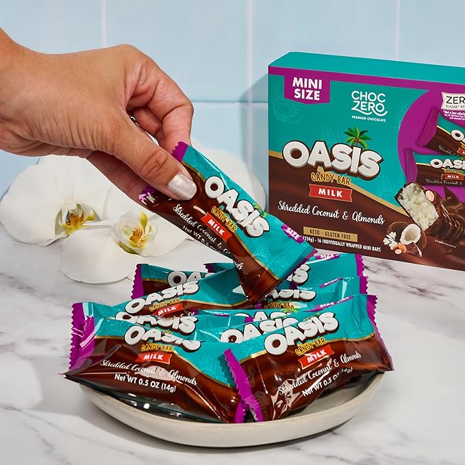 ChocZero Milk Chocolate Coconut & Almond Candy Bars, No Added Sugar, High Fiber, Gluten Free, Keto Friendly Mini Oasis Bars (16 Count Box)