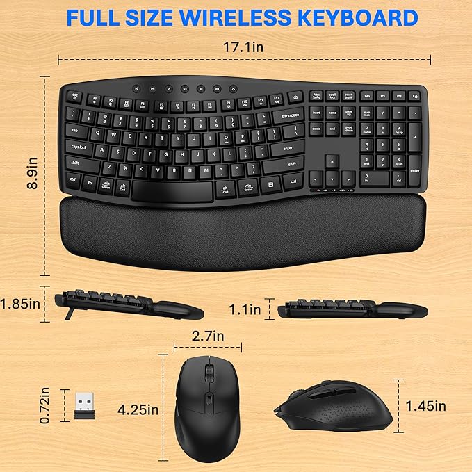 Wireless Keyboard and Mouse Combo, EDJO 2.4G USB/Bluetooth Dual-Channel Connection, Full Size Ergonomic Keyboard with Soft Wrist Rest and Wireless Mouse for Windows, Mac OS Desktop/Laptop/PC(Black)