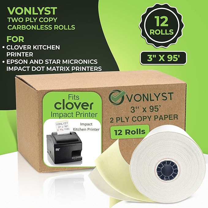 Two Ply Copy Carbonless Rolls 3x95 White/Canary for Clover Kitchen Printer Paper (12 rolls)