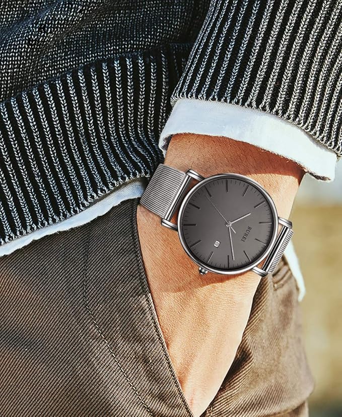 BUREI Men Watches Brown Leather Fashion Minimalist Wrist Watch Simple Ultra Thin Waterproof Quartz Watches All Black Stainless Steel Mesh Band,Gift for Men Women