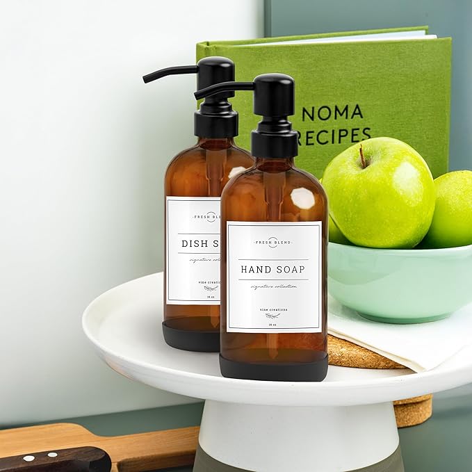 Vine Creations Amber Glass Soap Dispenser, 2 Pack Kitchen Soap Dispenser Set with Stainless Steel Pump, 16 oz Dish Soap and Hand Soap Dispensers for Bathroom with Waterproof Labels