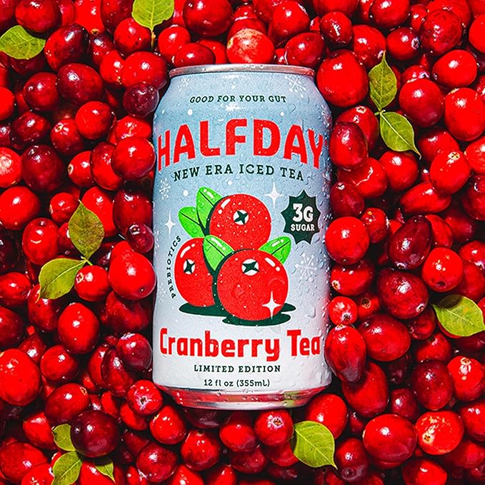 HALFDAY Prebiotic Iced Tea Cranberry, Supports Digestive & Gut Health, Plant Fiber & Prebiotics, 3g Sugar, 35 Calories, Natural Caffeine, Gluten Free, 12 fl oz (12 pack) Packaging May Vary