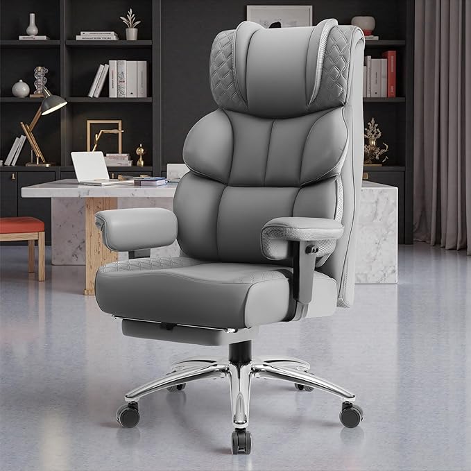 Office Desk Chair, Big and Tall Leather Gaming Chair with Footrest, Wide Ergonomic Comfy Executive High-Back Reclining Computer Chairs, Swivel Rolling Wheels and Padded Lumbar Support, Gray