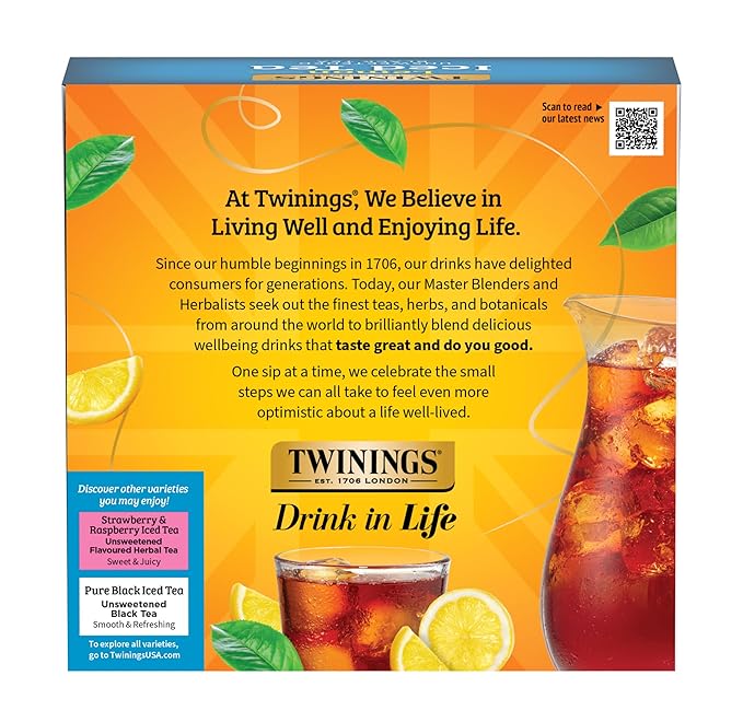 Twinings Lemon Black Iced Tea, 72 Oversized Tea Bags, Makes 18 Pitchers or 144 Servings, Unsweetened, Caffeinated, 72 Count (Pack of 1)