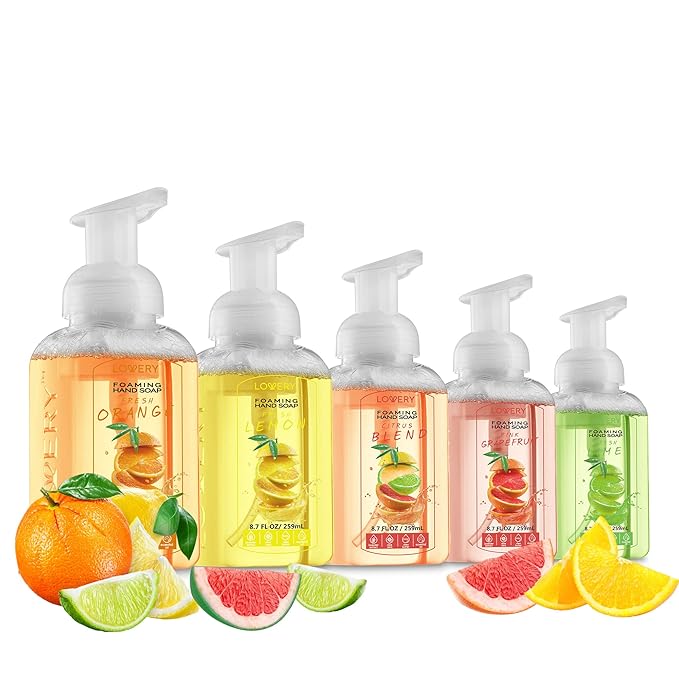 Foaming Hand Soap Pump - 5-PK - Moisturizing Hand Soap Foam with Aloe Vera & Essential Oils - Alcohol-Free Hand Wash in Citrus Blend, Lemon, Orange, Lime, Grapefruit Fragrances for Kitchen & Bathroom