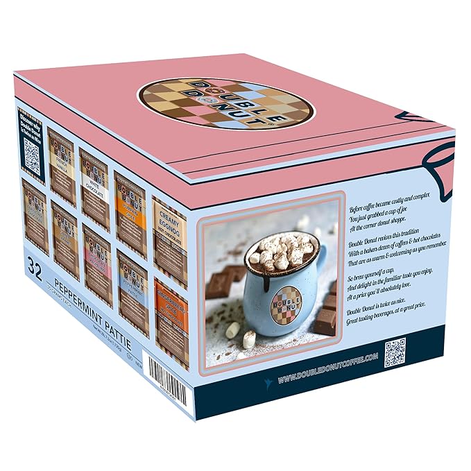 Double Donut Flavored Hot Chocolate Packets, Peppermint Pattie, Peppermint Hot Chocolate, Hot Peppermint Cocoa Mix, 32 Count (Pack of 1)