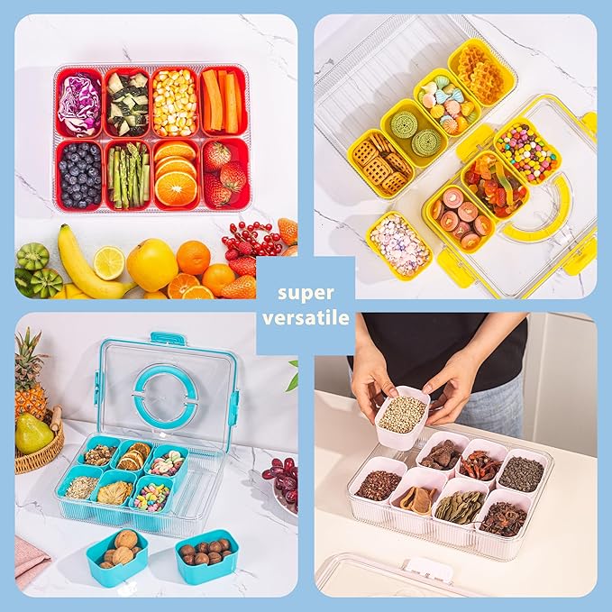 Patent Divided Serving Tray with Lid & Handle - Snackle Box Organizer for Charcuterie, Veggies, Fruits, Candy - Portable Food Storage for Travel, Beach, Picnics๏ผ1 pcs, Yellow๏ผ