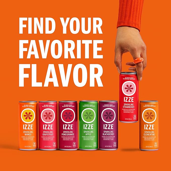 IZZE Sparkling Juice Beverage Blend, Sunset Variety Pack, Clementine, Peach, Cherry Lime, Pomegranate, No Sugar Added, 8.4 Fl Oz (Pack of 24)