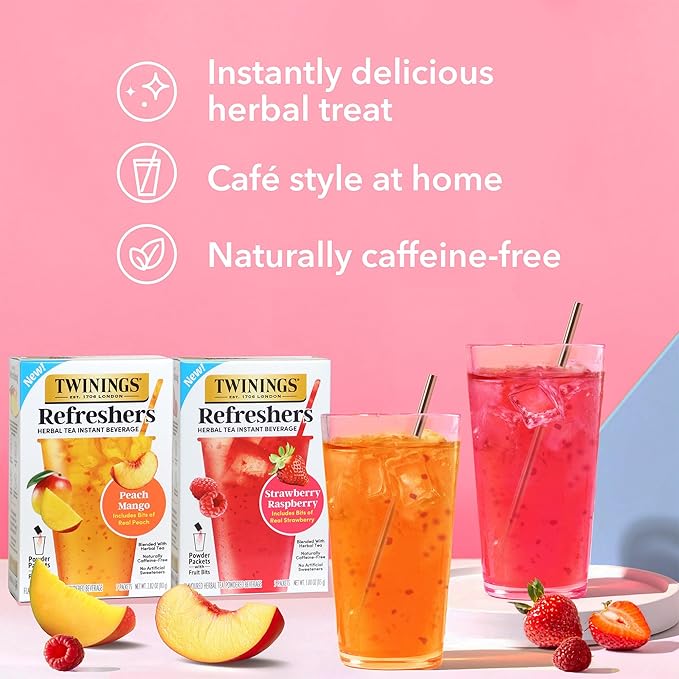 NEW Twinings Strawberry Raspberry Refreshers, Herbal Tea Instant Beverage with Real Strawberry Fruit Bits, 5 Count (Pack of 2), Café Style, No Artificial Sweeteners, Naturally Caffeine-Free, 5 Packets