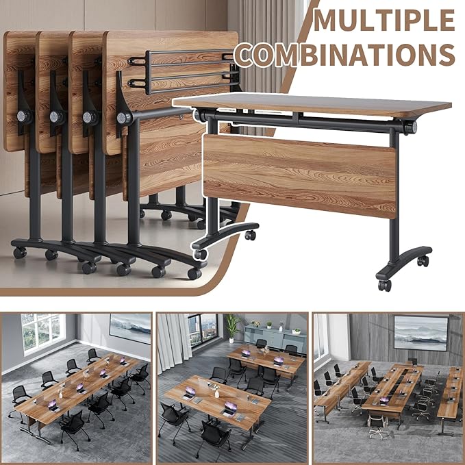 Conference Table Folding Conference Room Tables, Modern Mobile Meeting Training Table with Silent Wheels, Foldable Seminar Table for Offices, Classrooms, Libraries (10, Wood, 61in)