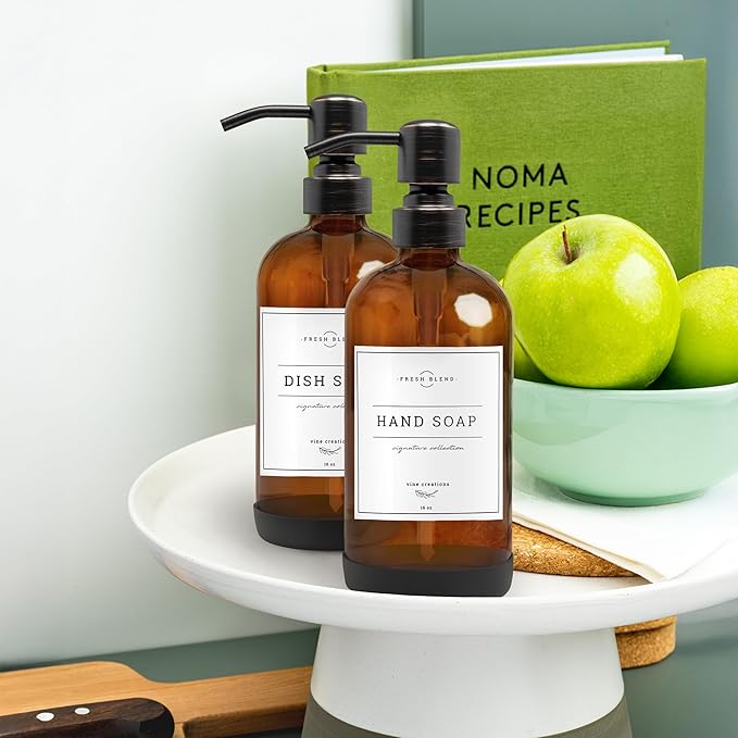 Vine Creations Amber Glass Soap Dispenser, 2 Pack Kitchen Soap Dispenser Set with Stainless Steel Pump, 16 oz Dish Soap and Hand Soap Dispensers for Bathroom with Waterproof Labels