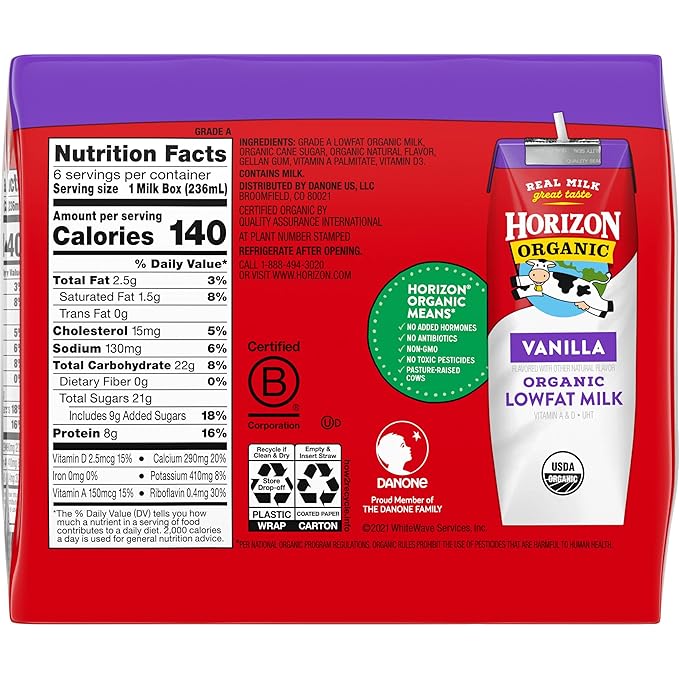 Horizon Organic Shelf Stable 1% Lowfat Vanilla Milk Boxes, 8 fl oz, 6 Count - 8g Protein per Serving, USDA Organic UHT, Ready to Drink for Lunchbox, Travel, or On-the-Go, No Refrigeration Needed