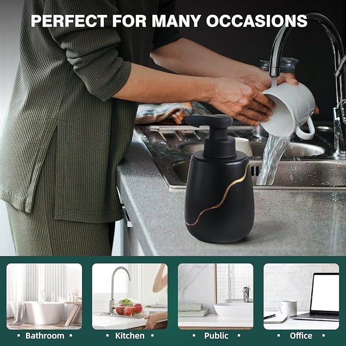 BosilunLife Automatic Foaming Soap Dispenser - Touchless Foam Hand Wash Dispenser for Bathroom Black Ceramic Smart Electric Auto Dish Soap Dispenser Waterproof, USB C Rechargeable, 17 oz/500 ml