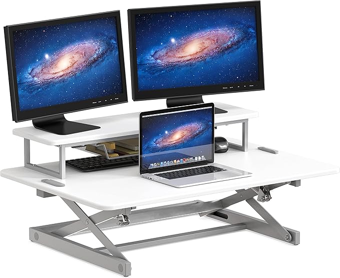 SHW 36-Inch Height Adjustable Standing Desk Converter Sit to Stand Riser Workstation, White