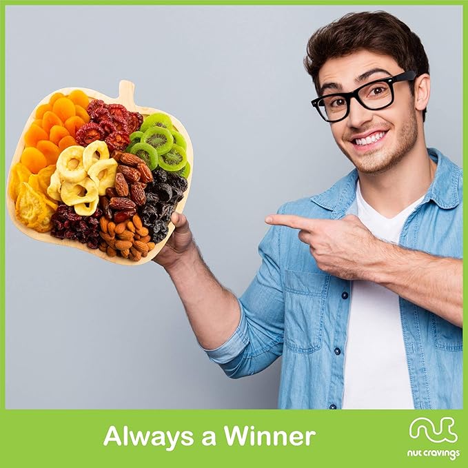 NUT CRAVINGS - Halloween Treats For Adults Dried Fruit & Mixed Nuts Gift Basket in Wooden Apple-Shaped Tray (9 Assortments) Holiday Xmas Christmas Food Arrangement, Healthy Snack Care Package,