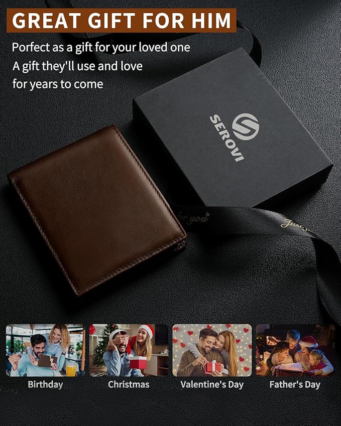 Genuine Leather Wallet for Men Bifold RFID Blocking Wallets with 12 Card Slots, 2ID Window & 2 Cash Pocket - Includes Gift Box (Brown)