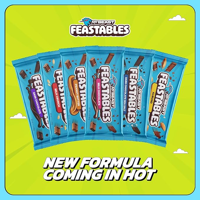 Feastables MrBeast Peanut Butter Milk Chocolate Crunch Chocolate Bar, King Size Candy Bar for Adults & Kids, Candy Bars for Snacks, Gifts, Dessert, Sweet & Creamy Fairtrade Cocoa, 2.1 Oz Ea, 10 Count