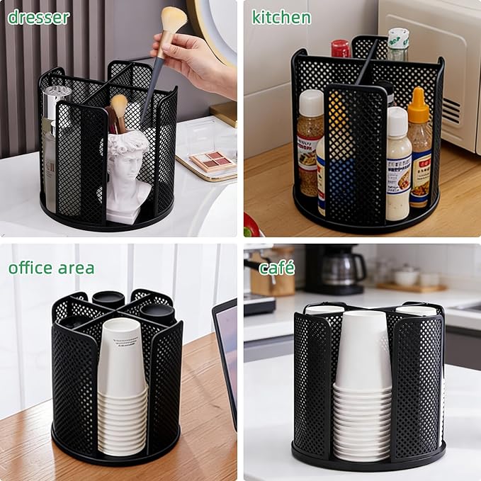 360° Rotating Coffee Cup Dispenser and Lid Holder with 4 Compartments, Organizes 3-16oz Paper Cups - For Coffee Shops, Home Countertops, Office, Restaurant & Kitchen Use
