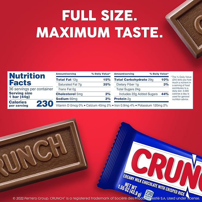 CRUNCH, Bulk 36 Pack, Milk Chocolate and Crisped Rice, Full Size Individually Wrapped Candy Bar, 1.55 oz Each