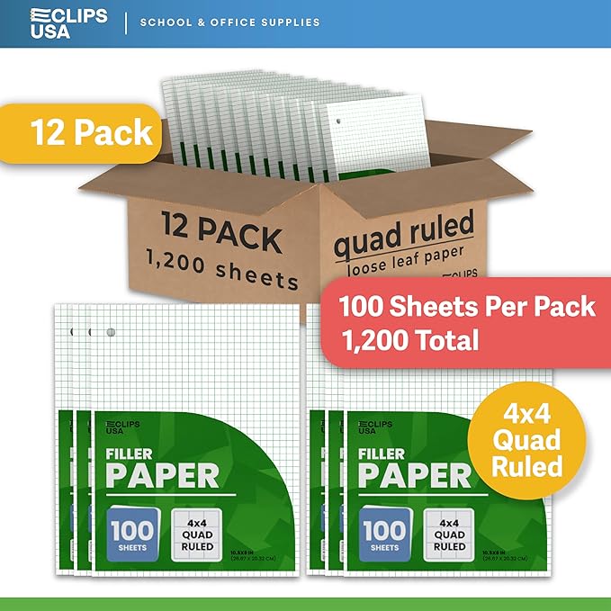 Loose Leaf Graph Paper 4 x 4 An Inch Quad Ruled Graph Paper 10.5” x 8” Graphing Paper 100 Per Sheets Per Pack 60 gsm (12 Pack)