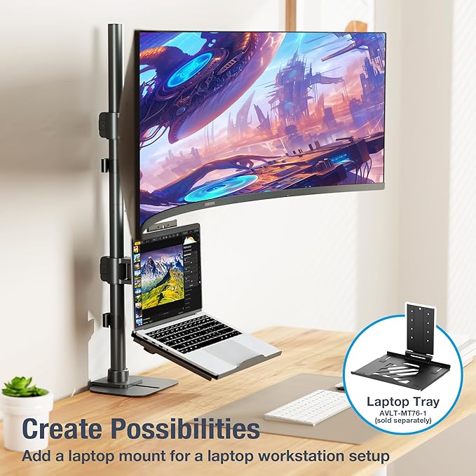 AVLT Dual 49 Inch Stacking Monitor Pole Mount - Stack 44 lbs Super Ultrawide Screens on Heavy-Duty Pole, Height Tilt Swivel Rotate Adjustment, C-clamp and Grommet Mounting Base, VESA Compatible