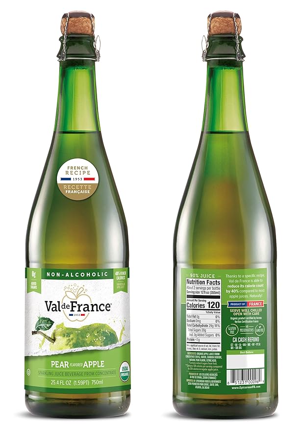 Val de France, Non-Alcoholic, Reduced Calorie, Organic and OU Kosher Sparkling Juice (Pear), 25.4 Fl Oz (1 bottle)