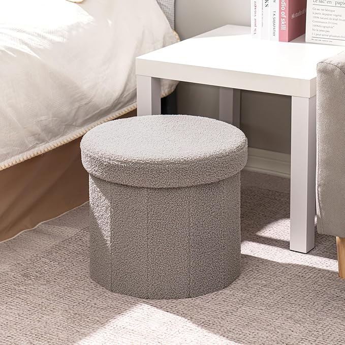 B FSOBEIIALEO Storage Ottoman Cube, Round Ottomans with Storage Foot Stool Footrest for Lving Room, Boucle Ottoman Seat for Dorm Room,Faux Teddy Fur, Grey 15"x15"x15"