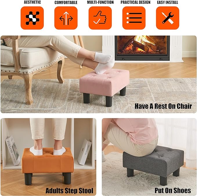 BRIAN & DANY Small Foot Stool, Velvet Foot Stools with Legs, Stable Small Footstool for Living Room, Orange