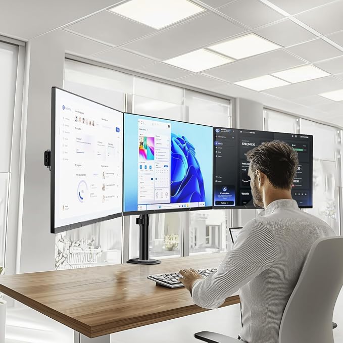 WALI Triple Monitor Mount, Heavy Duty Triple Monitors Stand for 13-27 inch Screens, Adjustable 3 Monitor Desk Mount with Swivel, Tilt, Rotation, Clamp & Grommet Base Kit (M003SN), Black