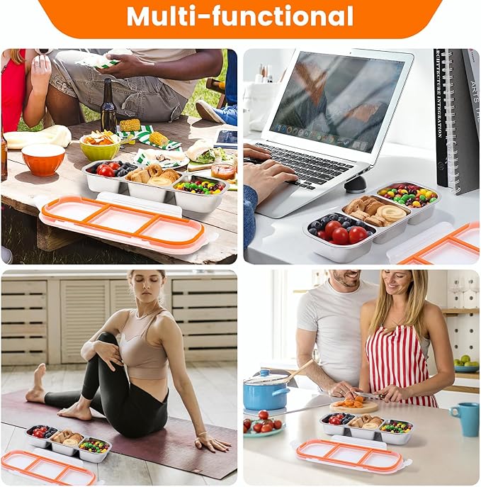 Stainless Steel Snack Containers with Lids, Reusable Condiment Box, 3 Compartment Sauce Cups for Home, Travel