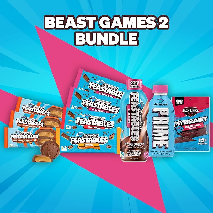 Feastables Beast Games Season 2 Bundle, Mrbeast Snacks Variety Pack With Chocolate Bars and Cups, Protein Milk, Hydration Drink, and Beef Jerky, Gift Basket for Adults and Kids, 10 Count Snack Box