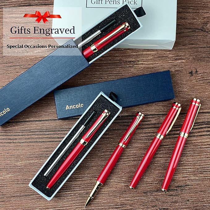 Ancolo Engraved Pens Fancy Roller Pens with 5 Gfit Box 10 extra Black Refills Metal Body Engraved with Your Message Personal Names Phone Number, Gift for Men Women