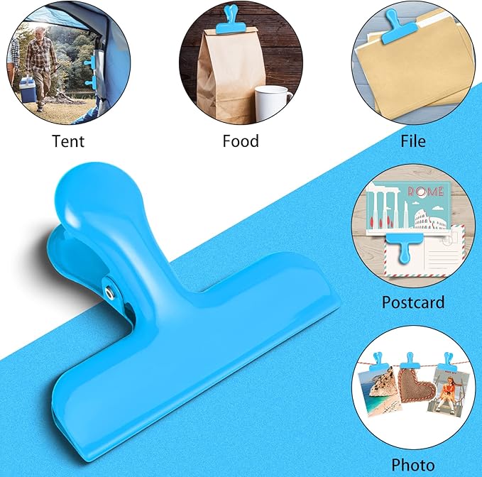 Bag Clips Heavy Duty Stainless Steel Chip Clips, Food Bags Clamp Great for Kitchen Office to Seal Coffee Bags, Paper Sheets - Pack of 8(Blue)