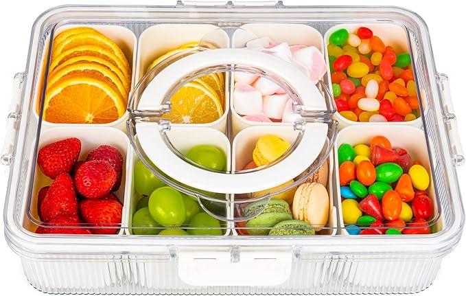 Patent Design Ribbed Snackle Box Container Snack Container Divided Serving Tray with Lid and Handle, 8 Divider Portable Snacklebox for Travel Beach for Charcuterie Veggie Fruit Candy,1 Pack