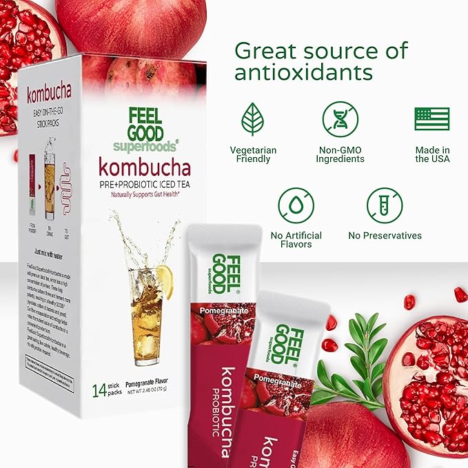 FeelGood Superfoods Kombucha Iced Tea Packets, Delicious Pomegranate Flavored Refreshing Instant Kombucha Powder Fizzy Drink, Probiotic Supplement for Gut Health, 14 pack