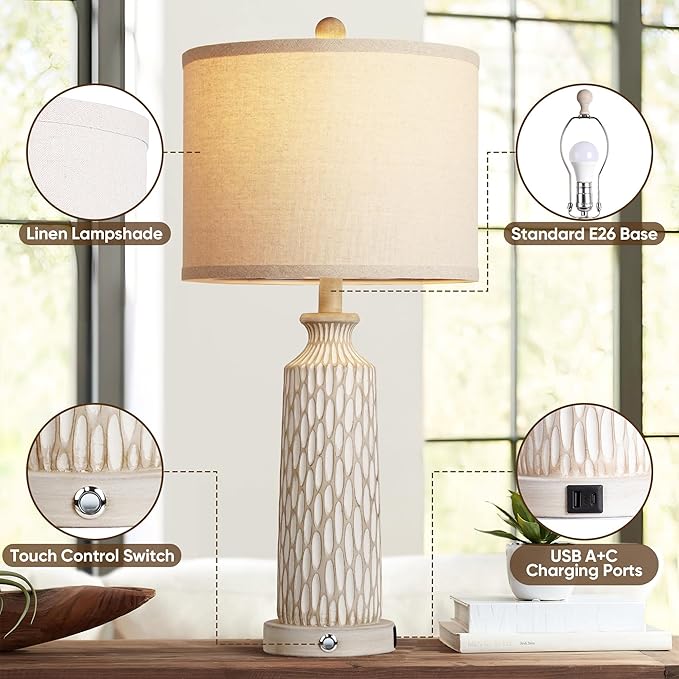 QiMH Table Lamp for Living Room with USB A+C Ports, Farmhouse Bedside Lamps for Bedroom Set of 2, Touch Control 3-Way Dimmable, 26" Modern Off-White Resin Nightstand Lamp, Included 2700K LED Bulbs
