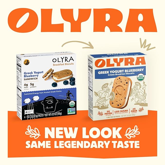 Olyra Greek Yogurt Blueberry Sandwich Breakfast Biscuits, Healthy Snacks for Adults and Kids, Low Sugar, High Fiber, Organic Cookies, USDA Certified Organic, Non GMO, 24 Packs