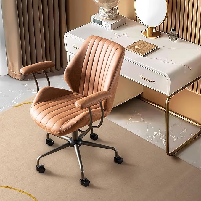 Mid Century Modren Office Chair - Fuax Leather Suede Brown Executive Chairs Ergonomic Mid Back with Lumbar Support, Swivel Computer Desk Task Chair with Wheels for Home Office (Brown, Mid Back)