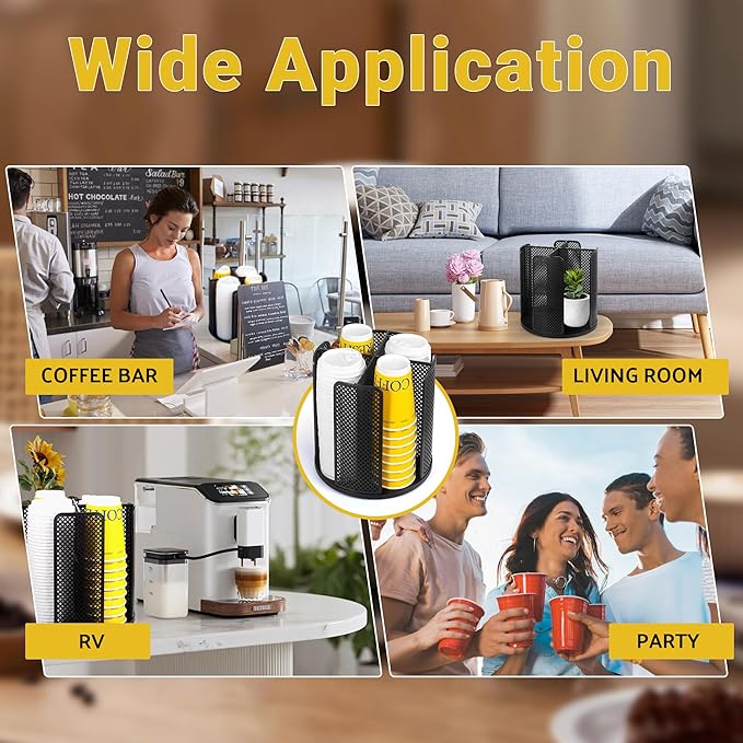 4-Compartment Rotating Paper Cup Holder & Coffee Cup Lid Storage Dispenser, Plastic Cup Dispenser Removable, Space-Saving Countertop Cup Holder for Coffee Bars, Kitchens (Black)