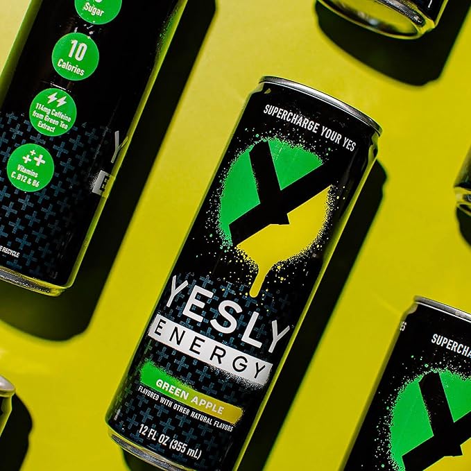 Yesly Energy - All Natural Clean Energy Drink - Zero Sugar Functional Energy Infused with Vitamins and Electrolytes - Green Apple, 12 Fl Oz (Pack of 12)