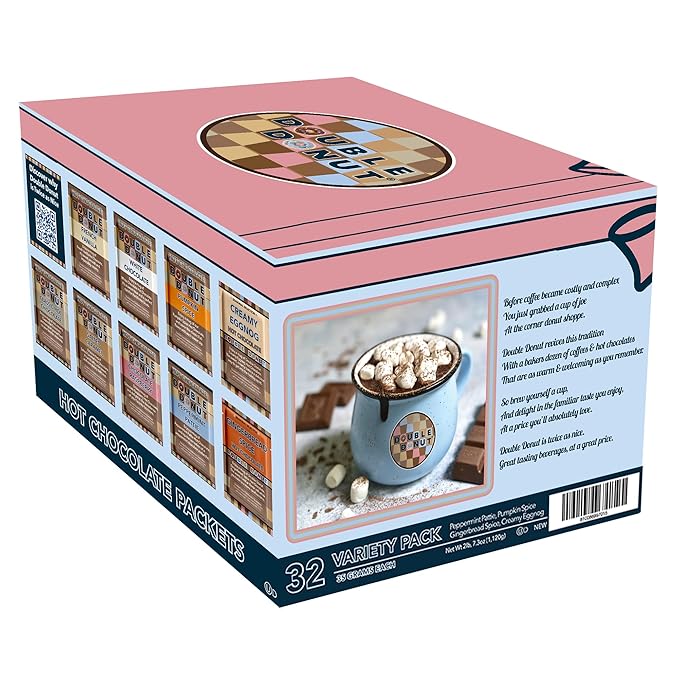 Double Donut Coffee Holiday Hot Chocolate Packets Variety Pack, 32 Count Seasonal Flavored Hot Cocoa Packets Includes Creamy Eggnog, Gingerbread Spice, Peppermint Patty & Pumpkin Spice