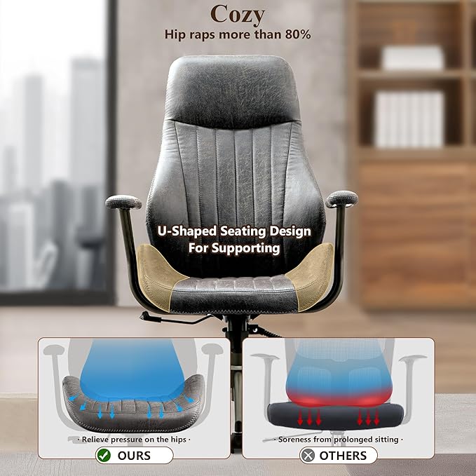 Mid Century Modren Office Chair - Fuax Leather Suede Brown Executive Chairs Ergonomic Mid Back with Lumbar Support, Swivel Computer Desk Task Chair with Wheels for Home Office (Grey, Hign Back)